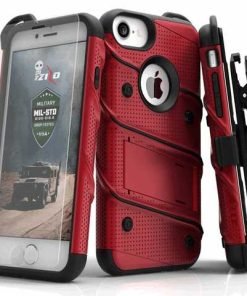 ZIZO BOLT Cover (12 ft. Military Grade Drop Tested) w/ Kickstand + Holster + 9H Tempered Glass Screen Protector, Lanyard - Red/Black For iPhone 8/ 7 / 6s / 6 4.7in - BOLT-IPH7-RDBK-0