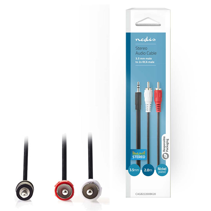 Καλώδιο 2x RCA αρσ. - 3,5mm Stereo αρσ, 2m. - NEDIS CAGB22200BK20