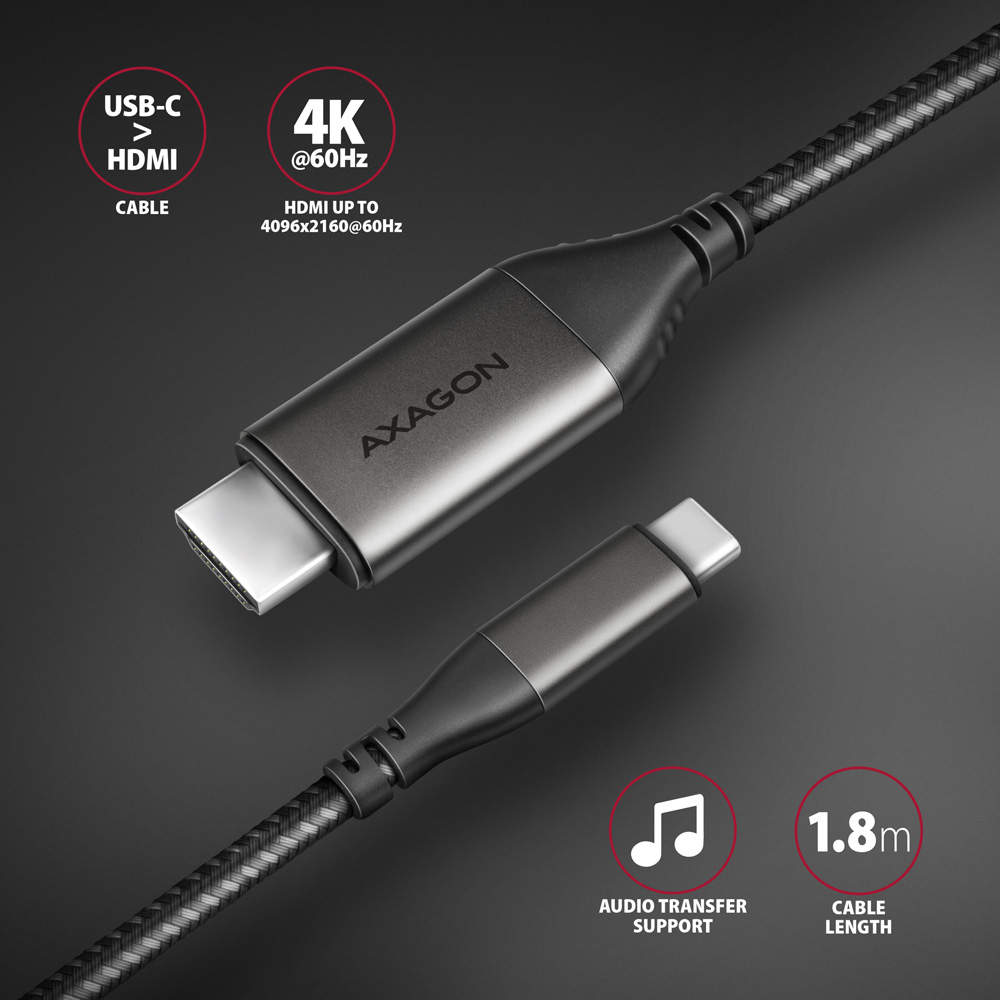 AXAGON RVC-HI2MC USB-C -> HDMI 2.0 ADAPTER 4K/60HZ ALUMINUM, 1,8M CABLE