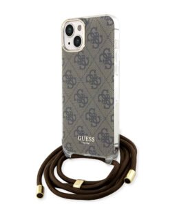 Guess "4G Logo Collection" Crossbody Hard Case Script Metal Logo Θήκη προστασίας από σιλικόνη με λουράκι – iPhone 15 (Καφέ – GUHCP15SHC4SEW)