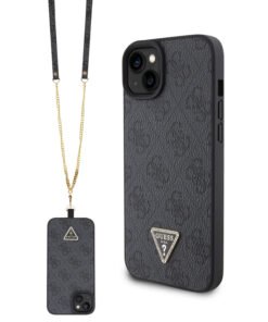 Guess "4G Metal Logo Strass Collection" Crossbody Case Θήκη προστασίας από δερματίνη με λουράκι – iPhone 15 (Μαύρο – GUHCP15SP4TDSCPK)