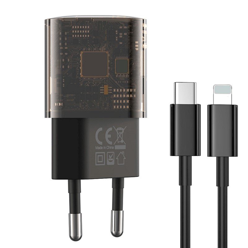 XO-CE05 EU GaN Φορτιστής Ταχείας Φόρτισης 30W PD / 18W QC με Διαφανή Σχεδίαση και καλώδιο USB-C σε Lightning