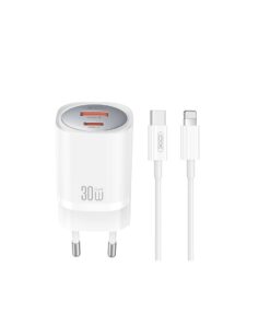 XO Wall Charger CE21 (1xUSB-A, 1x USB-C) 30W – Φορτιστής Ταχείας Φόρτισης Τοίχου Ταξιδίου με καλώδιο USB-C / Lightning