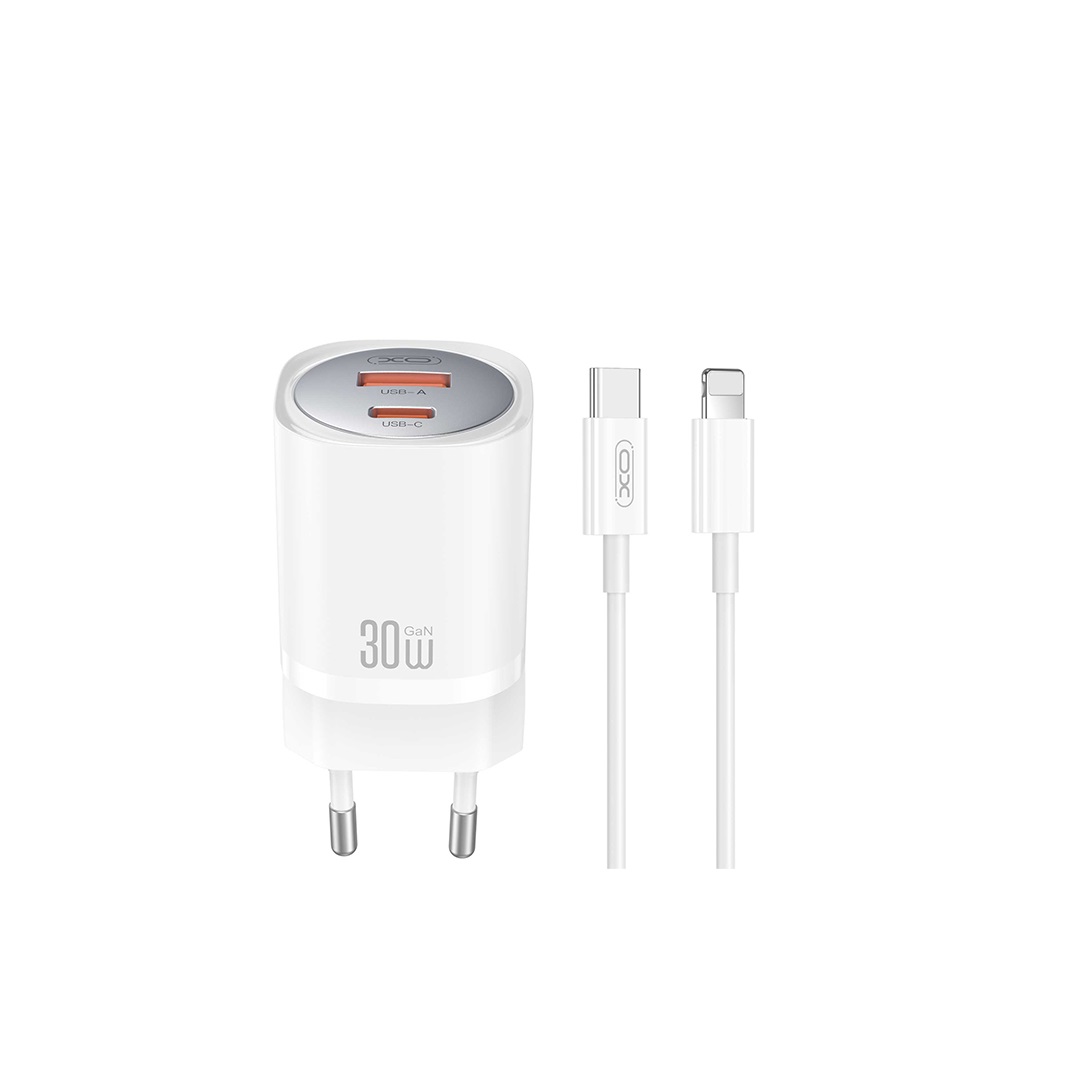 XO Wall Charger CE21 (1xUSB-A, 1x USB-C) 30W – Φορτιστής Ταχείας Φόρτισης Τοίχου Ταξιδίου με καλώδιο USB-C / Lightning