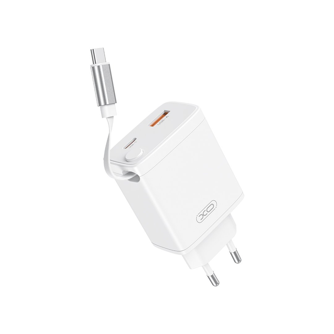 XO Wall Charger CE31 (1xUSB-A, 1x USB-C) 30W - Φορτιστής Ταχείας Φόρτισης Τοίχου Ταξιδίου με αναδιπλούμενο καλώδιο