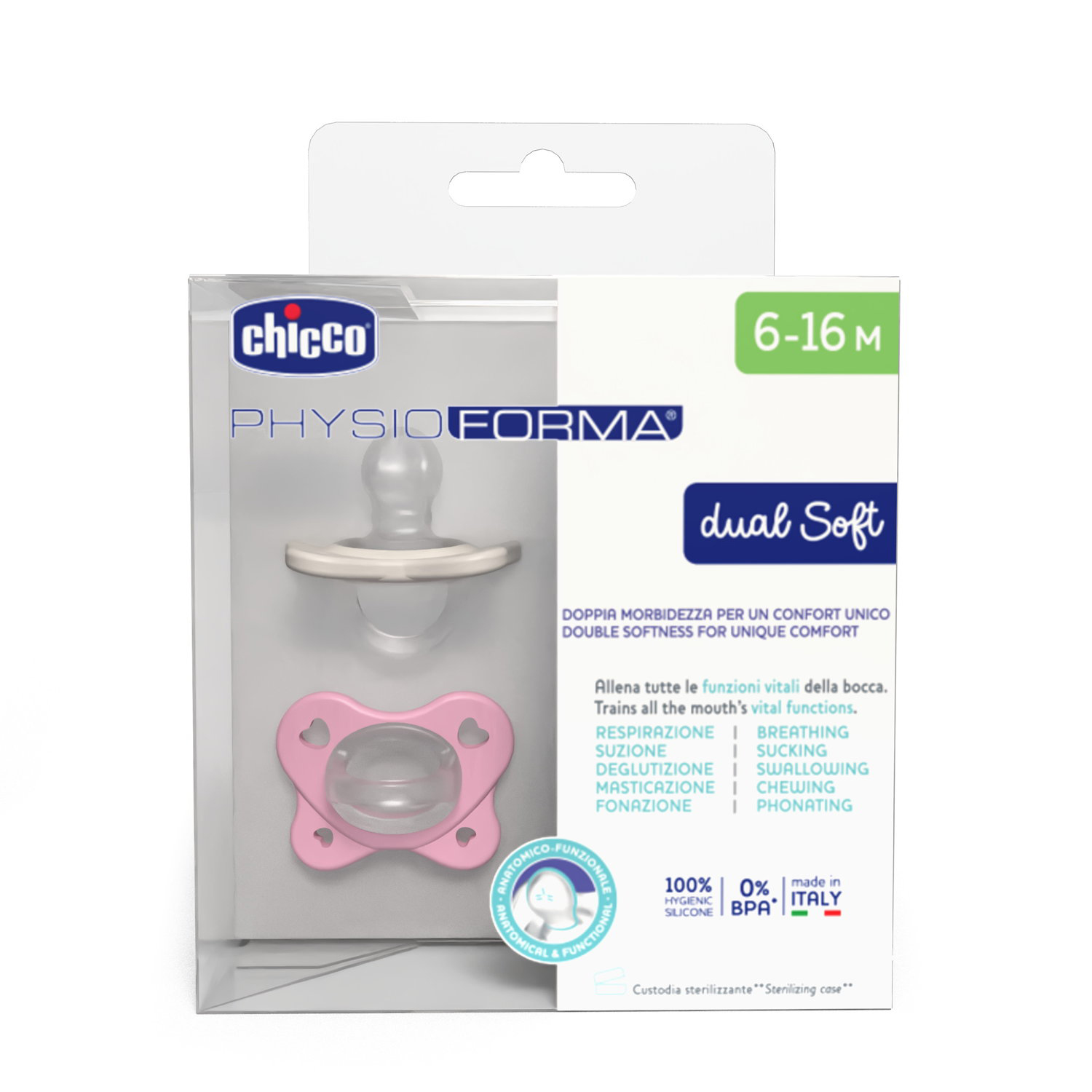 Chicco Πιπίλες Όλο Σιλικόνη PhysioForma Dual Soft Ροζ Για 6-16 Μηνών 2τμχ - Image 2
