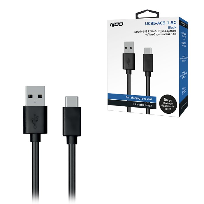 Καλώδιο USB 3.2 Gen1x1 Τype-A αρσενικό σε Τype-C αρσενικό 35W, 1.5m - NOD UC35-AC5-1.5C
