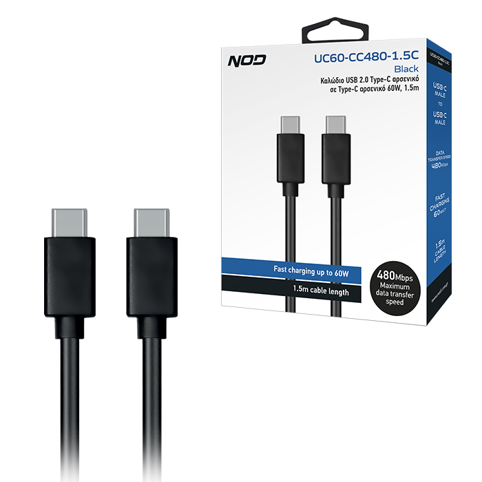 Καλώδιο USB 2.0 Τype-C αρσενικό σε Τype-C αρσενικό 60W, 1.5m - NOD UC60-CC480-1.5C