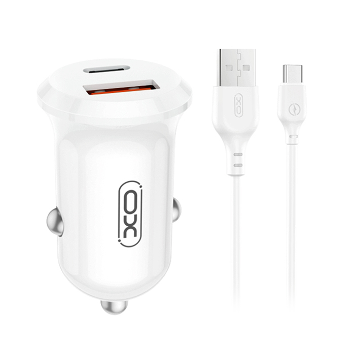 Universal φορτιστής αυτοκινήτου με 2 εξόδους, 1x USB-A & 1x USB-C και με αποσπώμενο καλώδιο, σε λευκό χρώμα - XO CC69