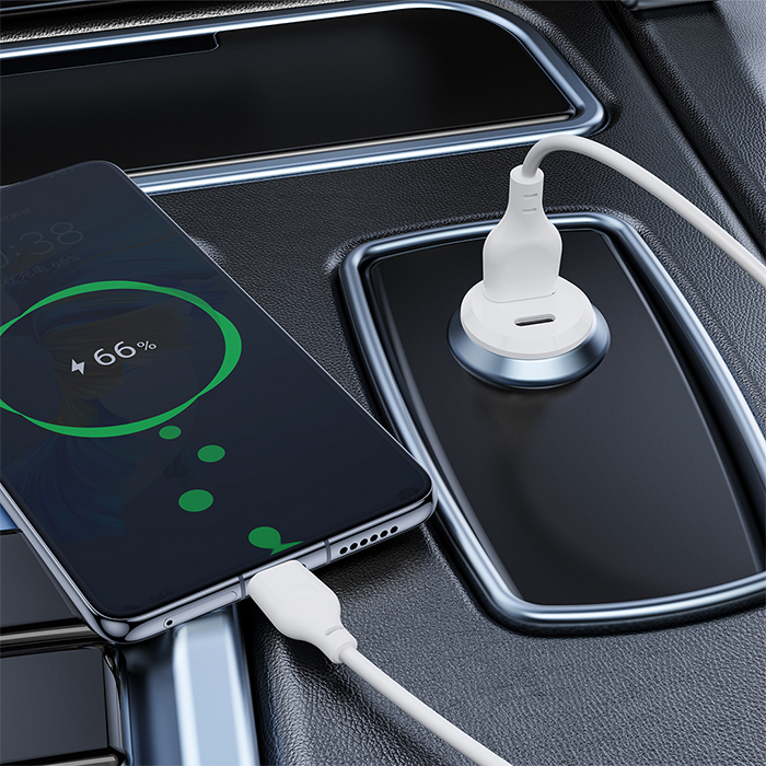 Universal φορτιστής αυτοκινήτου με 2 εξόδους, 1x USB-A & 1x USB-C και με αποσπώμενο καλώδιο, σε λευκό χρώμα - XO CC69 - Image 2