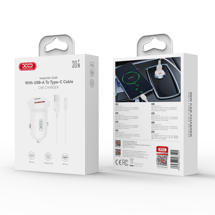 Universal φορτιστής αυτοκινήτου με 2 εξόδους, 1x USB-A & 1x USB-C και με αποσπώμενο καλώδιο, σε λευκό χρώμα - XO CC69 - Image 3