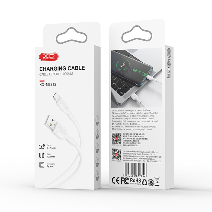 Καλώδιο USB High-Speed A αρσ. - USB Type-C αρσ. 10.5W, 1.00m σε λευκό χρώμα - XO NB212 - Image 2