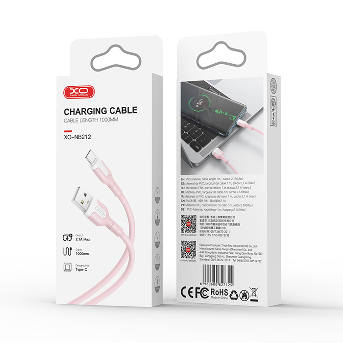 Καλώδιο USB High-Speed A αρσ. - USB Type-C αρσ. 10.5W, 1.00m σε ροζ χρώμα - XO NB212 - Image 2