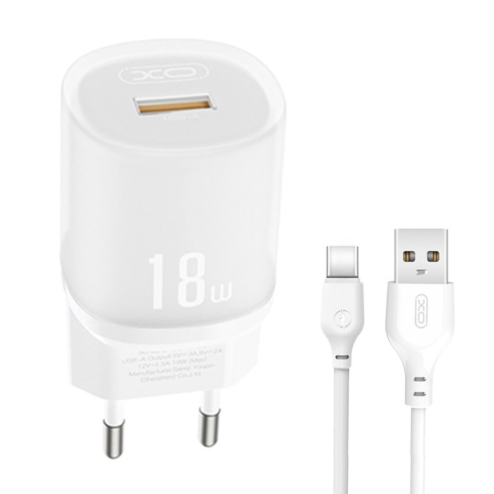 Universal φορτιστής με 1 έξοδο USB-A και αποσπώμενο καλώδιο USB-A - USB type-C, 18W σε λευκό χρώμα - XO L157 (EU) QC3.0 18W CHARGING CHARGER WITH TYPE-C CABLE (NB103)