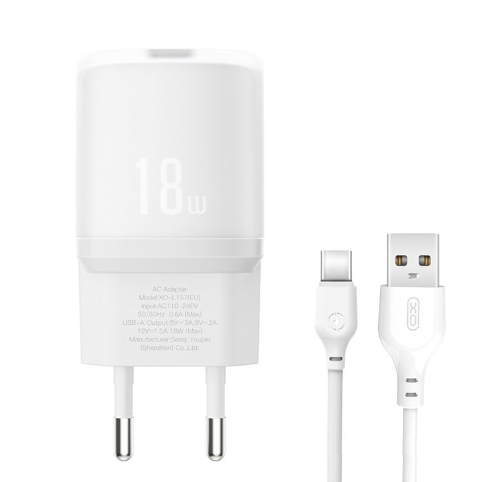 Universal φορτιστής με 1 έξοδο USB-A και αποσπώμενο καλώδιο USB-A - USB type-C, 18W σε λευκό χρώμα - XO L157 (EU) QC3.0 18W CHARGING CHARGER WITH TYPE-C CABLE (NB103) - Image 3