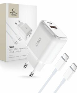 Φορτιστής TECH-PROTECT C20W 2-PORT NETWORK CHARGER PD20W/QC3.0 + TYPE-C CABLE WHITE (9490713930373)