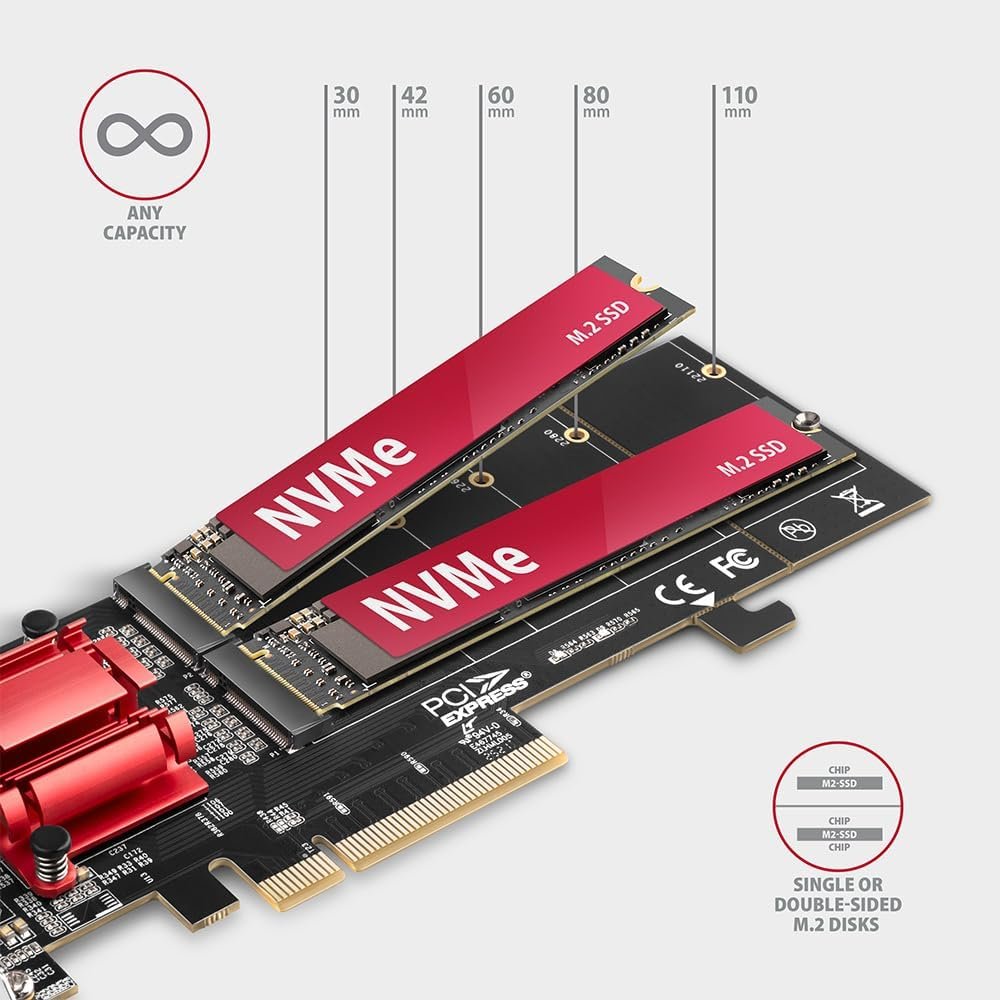 AXAGON PCEM2-ND PCE-E 3.0 8X - DUAL M.2 NVME M-KEY SLOT ADAPTER W. DATASWITCH, SP & LP, UP TO 110MM SSD - Image 3