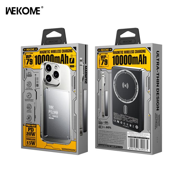 Power Bank 10000mAh PD 20W WK WP-79 1 Θέσης, με Ασύρματη Φόρτιση Magnetic Γκρι - Image 2
