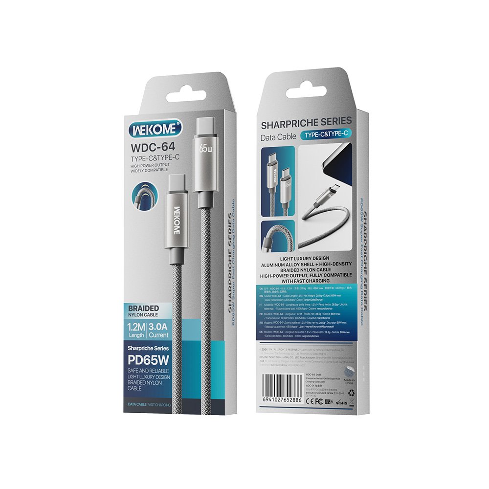 Καλώδιο Φόρτισης WK WDC-64 USB-C σε USB-C PD 65W 1.2m Γκρι - Image 3