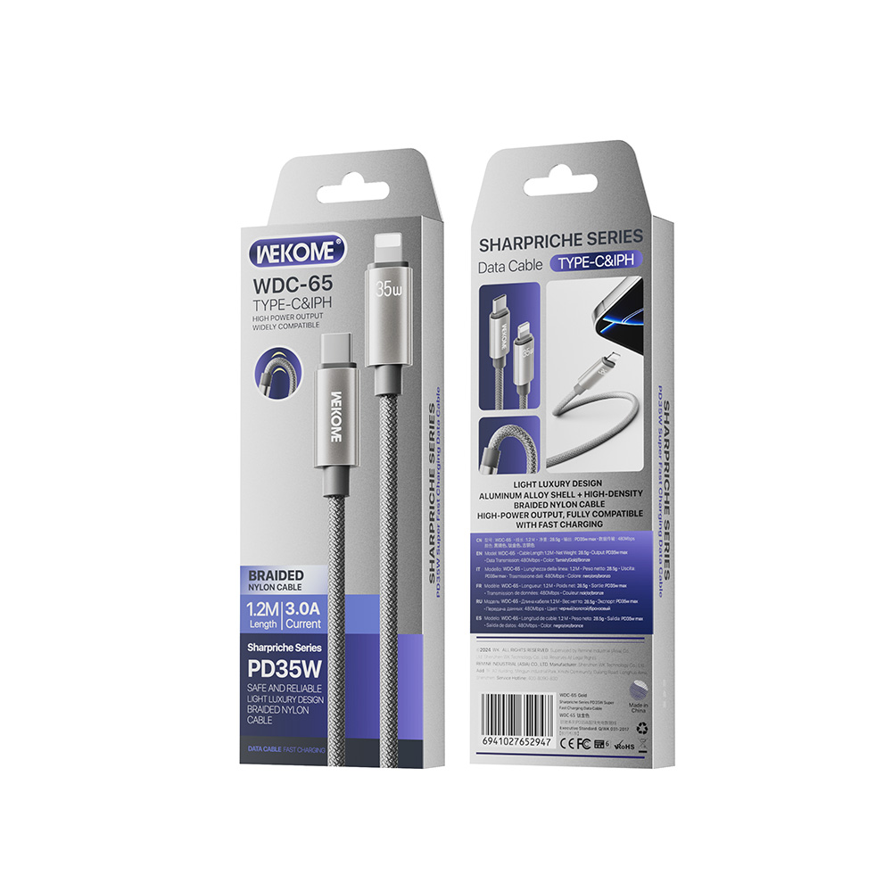 Καλώδιο Φόρτισης WK WDC-65 USB-C σε Lightning PD 35W 1.2m Γκρι - Image 3