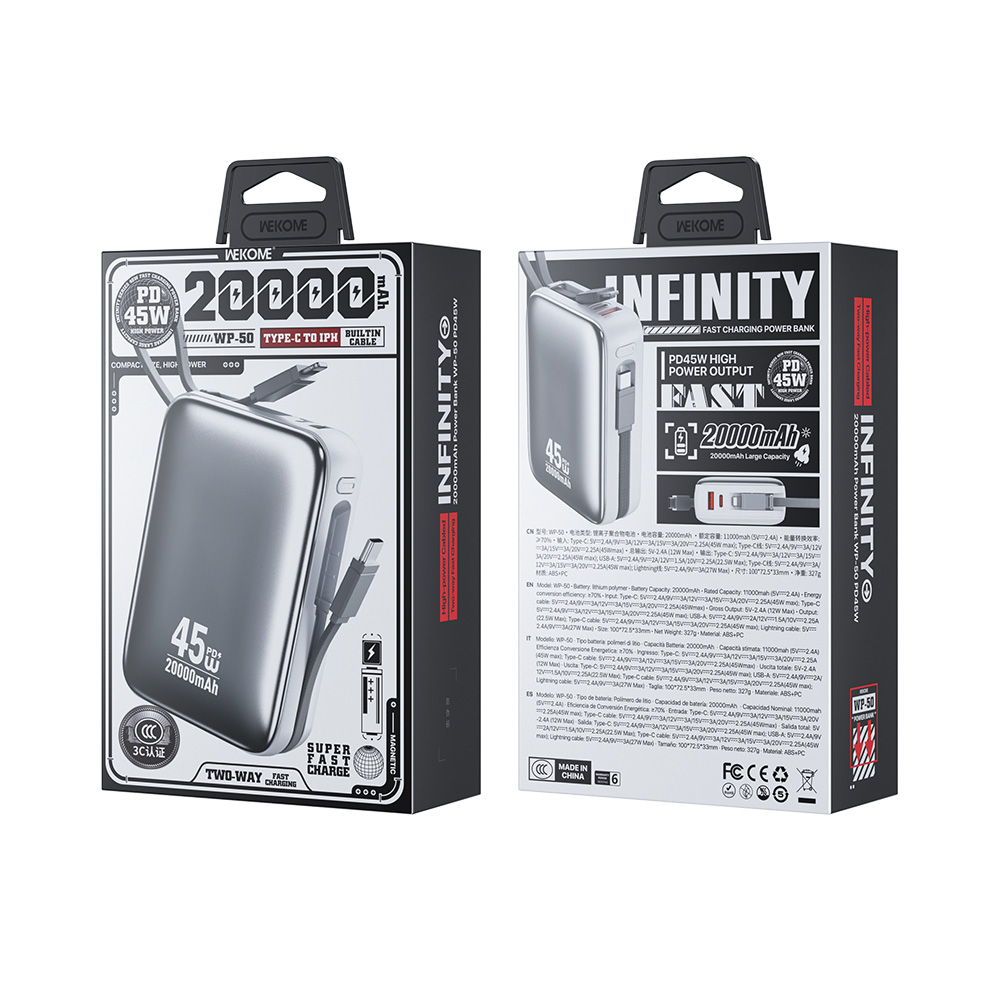 Power Bank 20000mAh PD 45W WK WP-50 2 Θέσεων, με καλώδιο USB-C/Lightning Λευκό - Image 3
