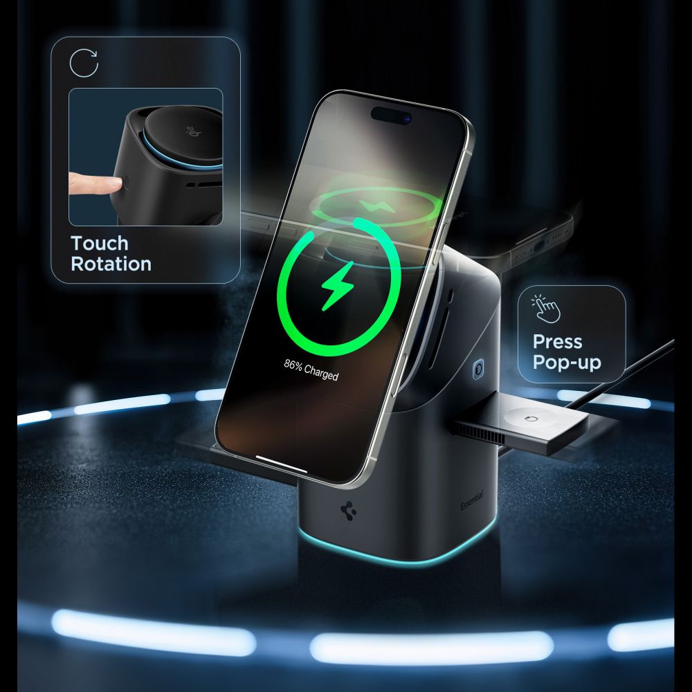 SPIGEN ESSENTIAL EF223MS 3IN1 QI2 ROTARY MAGNETIC MAGSAFE WIRELESS CHARGER BLACK EAN: 8800283303773 ACH09542 - Image 3