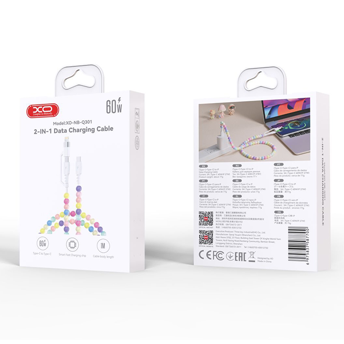Καλώδιο USB High-Speed Type-C αρσ. - Type-C αρσ. και Lightning, με πολύχρωμες χάντρες, 1.00m - XO NB-Q301 - Image 3