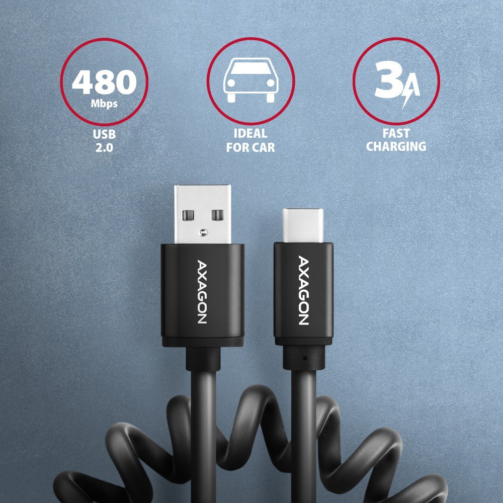 AXAGON BUCM-AM10TB TWISTER CABLE USB-C USB-A, 0,6M, USB 2.0, 2.4A, ALU, PVC, BLACK - Image 2