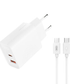 Universal φορτιστής με 2 εξόδους, 1x USB-A & 1x USB-C, PD20W / QC18W και αποσπώμενο καλώδιο USB type-C σε λευκό χρώμα - XO L161 (EU) PD20W/ QC18W WITH TYPE-C CABLE