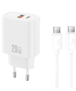 Universal φορτιστής με 2 εξόδους, 1x USB-A & 1x USB-C, 20W με αποσπώμενο καλώδιο USB type-C σε λευκό χρώμα - XO CE40 WITH TYPE-C CABLE