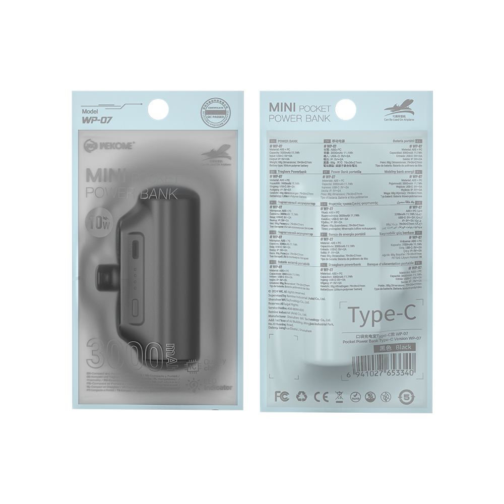 Power Bank 3000mAh 10W WK WP-07 USB-C 1 Θέσης BLACK - Image 2
