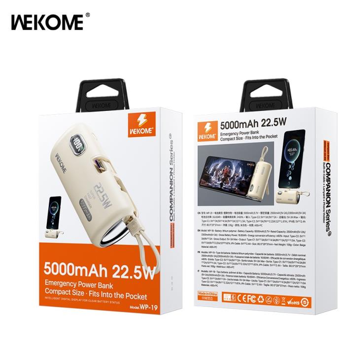Power Bank 5000mAh PD 22,5W WK WP-19 2 Θέσεων, με καλώδιο Lightning Μπέζ - Image 2