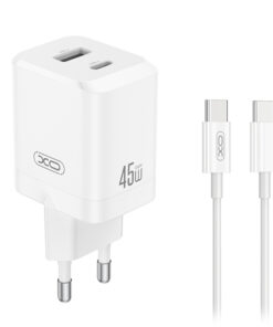 Universal φορτιστής GaN με 2 εξόδους 1xUSB-A & 1xUSB-C, PD45W και αποσπώμενο καλώδιο USB type-C σε λευκό χρώμα - XO CE36