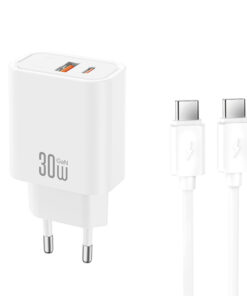 Universal φορτιστής GaN με 2 εξόδους 1xUSB-A & 1xUSB-C, PD30W και αποσπώμενο καλώδιο USB type-C σε λευκό χρώμα - XO CE42 WITH TYPE-C CABLE